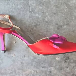Elegant Satin Red Kitten Heels with Pink Bow Accent